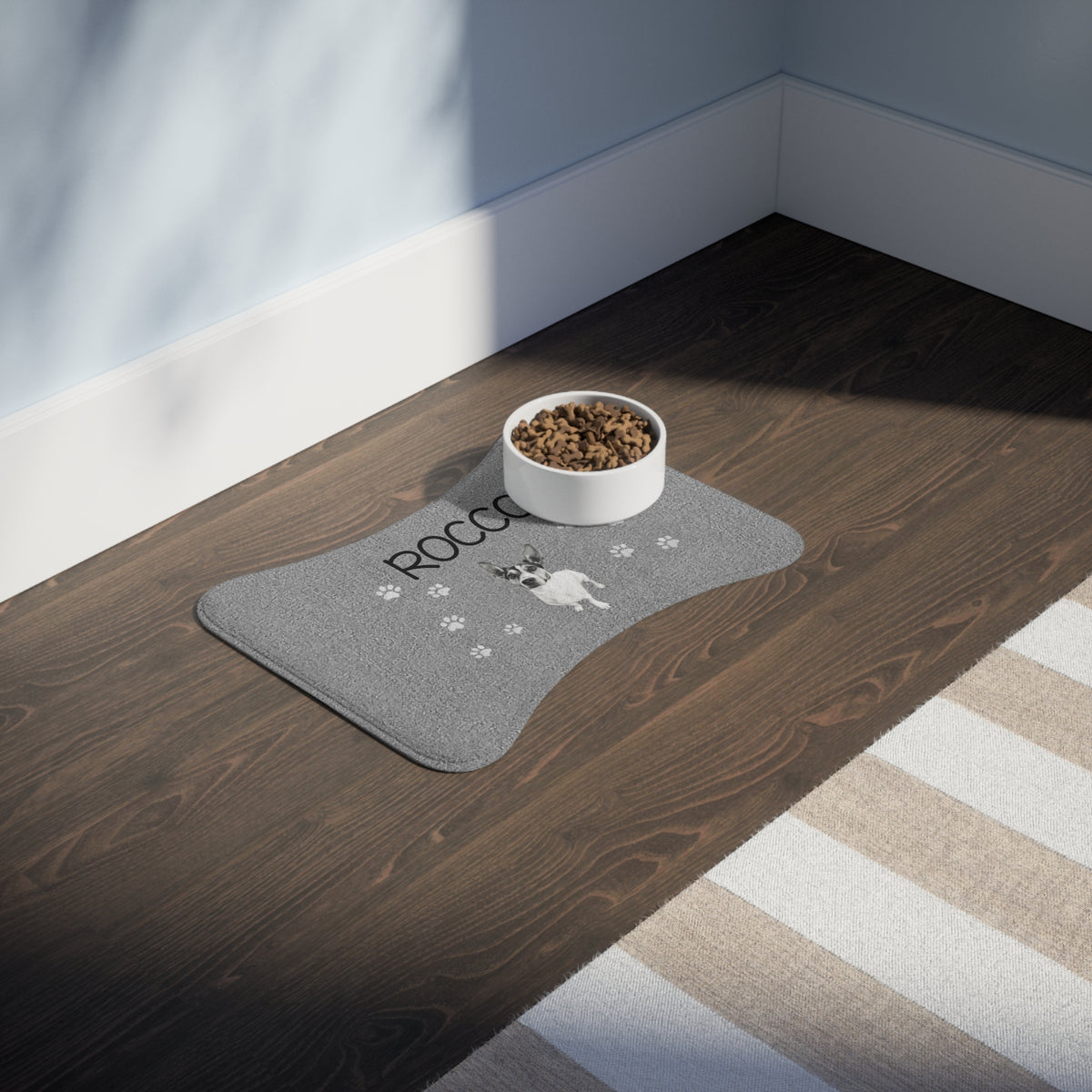 Personalized Pet Feeding Mat — Custom Name & Paw Print Dog Food Mat (Gray)