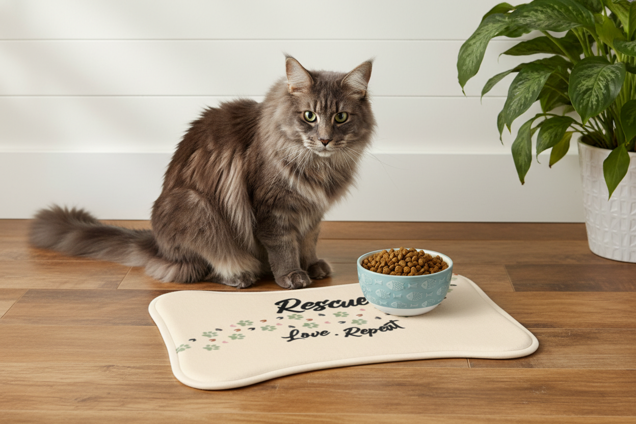 Rescue Love Repeat Pet Feeding Mat — Paw Print Bone-Shaped Placemat for Dogs & Cats