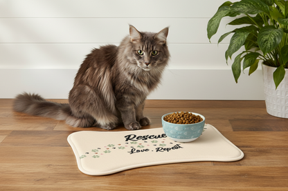 Rescue Love Repeat Pet Feeding Mat — Paw Print Bone-Shaped Placemat for Dogs & Cats