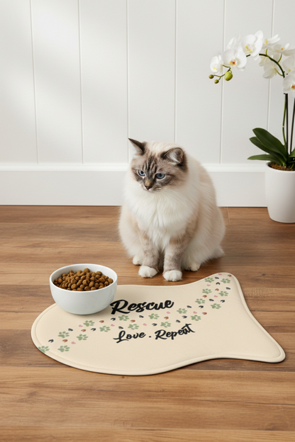 Rescue Love Repeat Pet Feeding Mat — Paw Print Bone-Shaped Placemat for Dogs & Cats