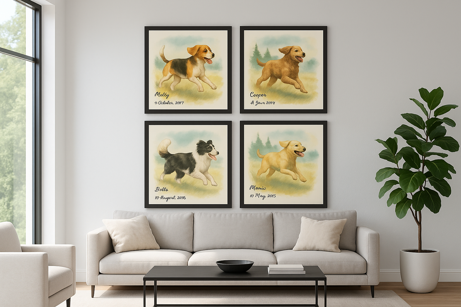 A bright modern lounge setting with custom pet portrait framed images of dogs on the wall