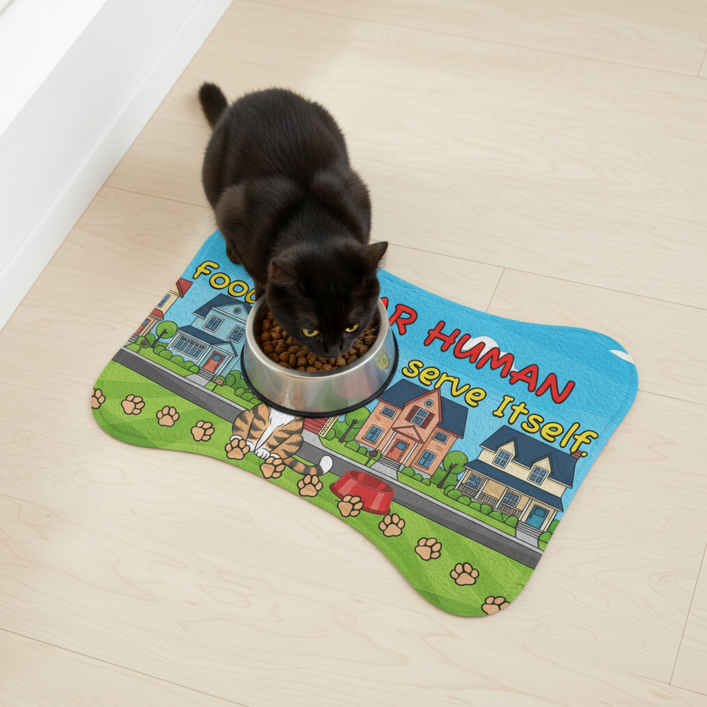 Black cat on pet feeding mat