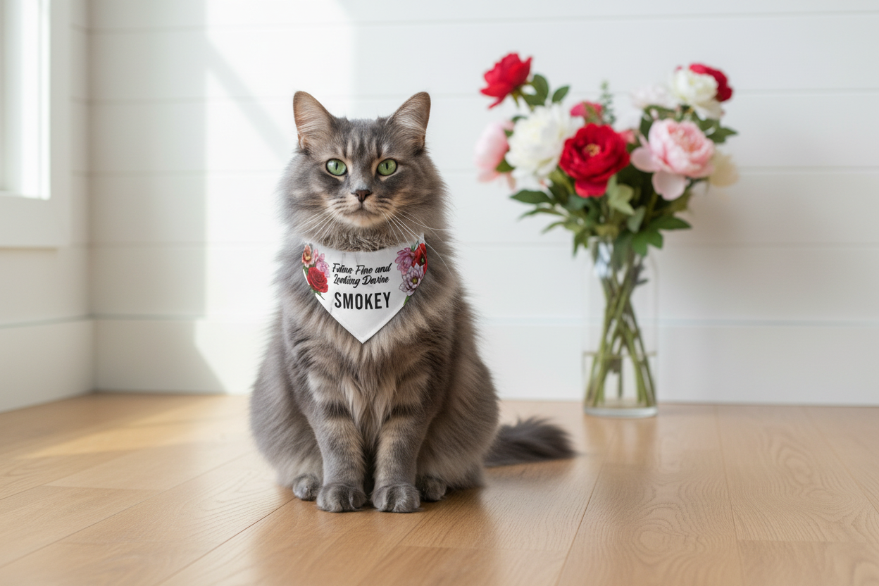 Cat wearing bandana on wooden floor with shiplap walls