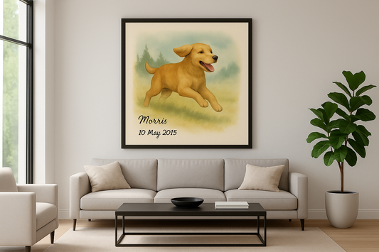 Custom Pet Portrait Framed for Animal Lovers to be hung on a wall in a bright modern living room