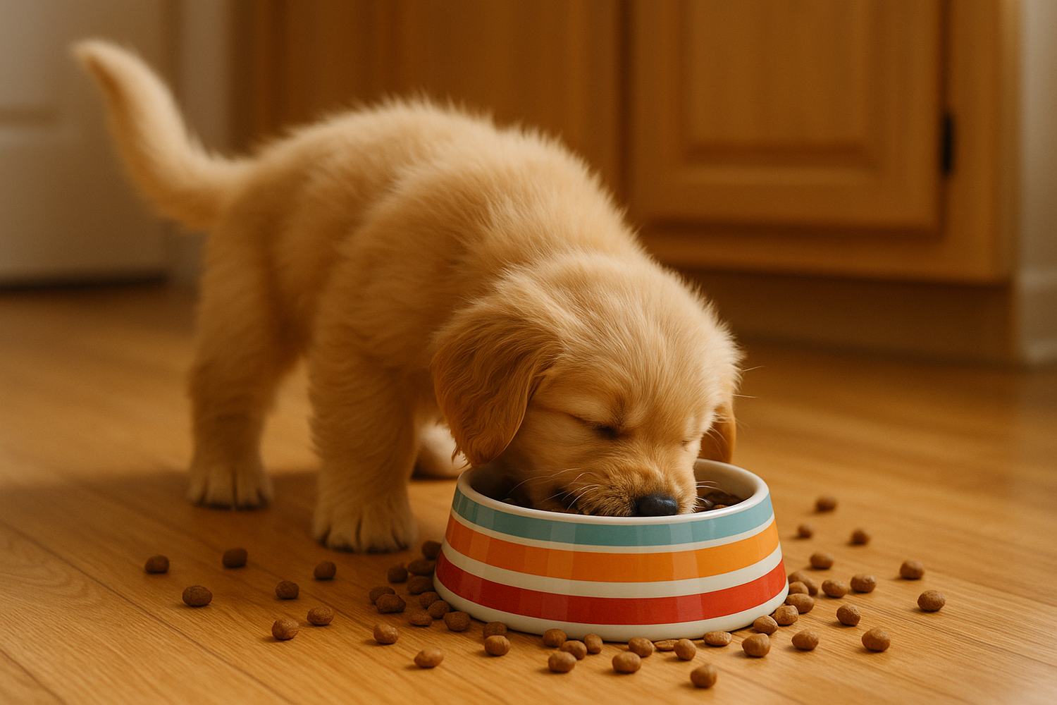 Cute puppy eating from his bowl with enthusiasm