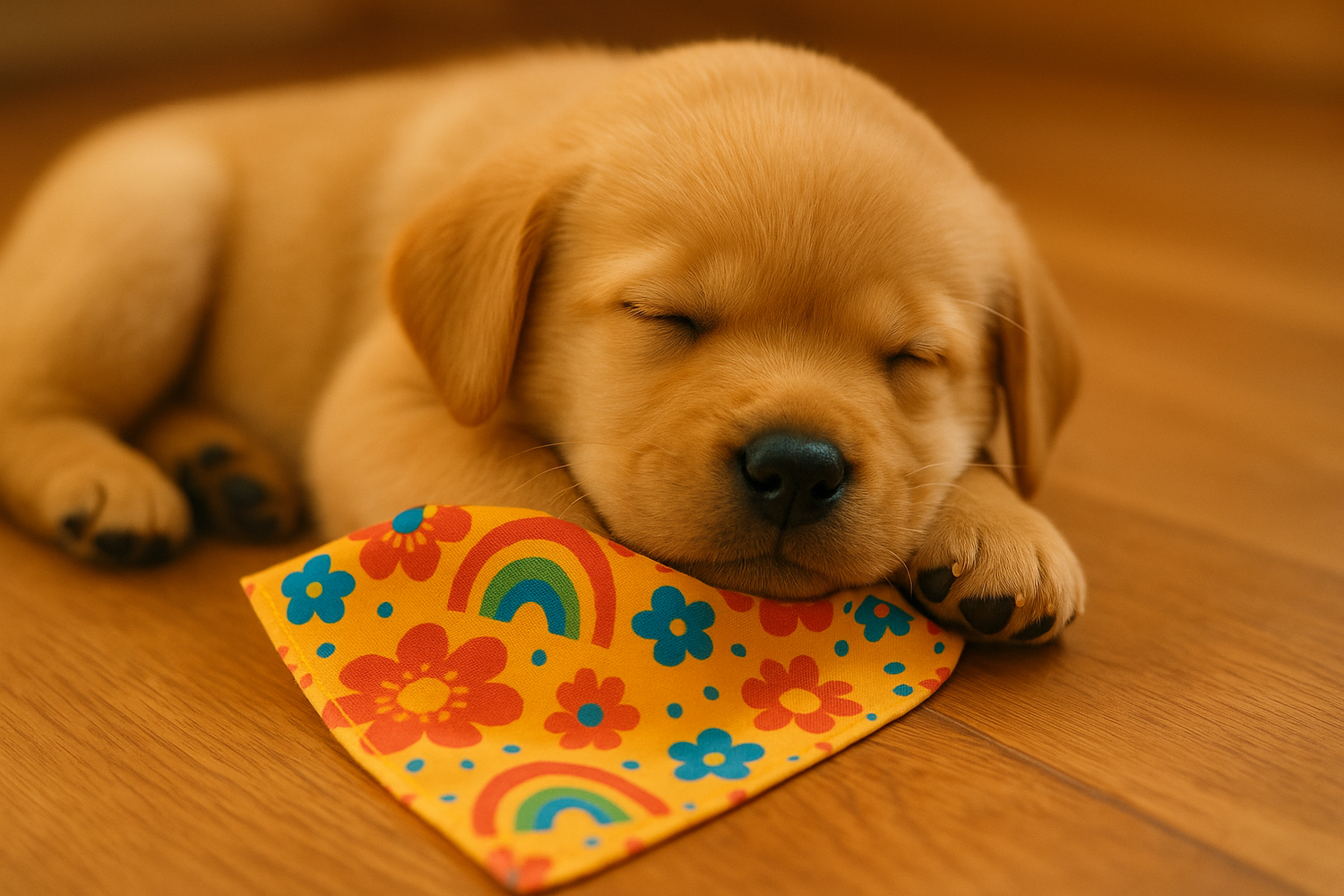 Cute puppy sleeping with a bright happy bandana tucked between his paws
