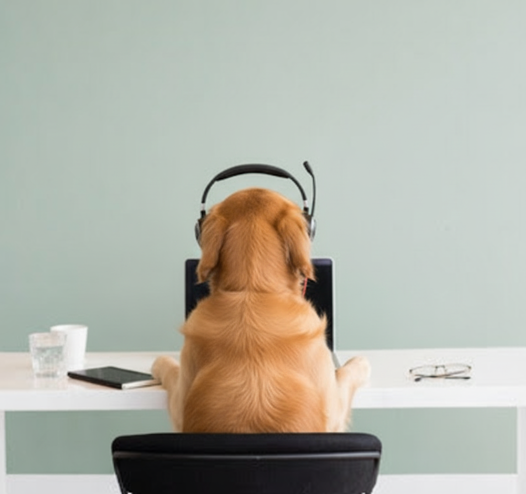 Dog at desk with headphones