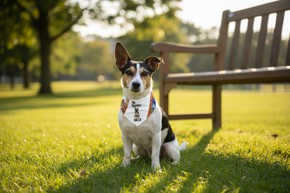 Dog sitting by park bench wearing bandana