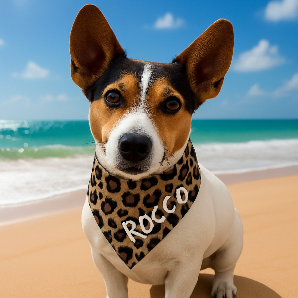 Dog with leopard print bandana on beach