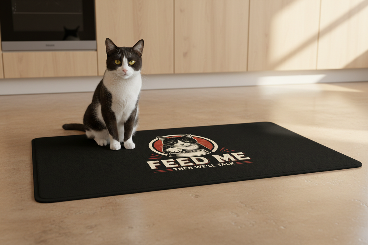 Feed Me Then We’ll Talk mat with a cat beside it
