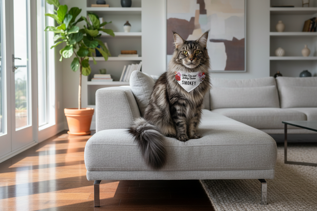 Maine Coon cat wearing bandana on sofa